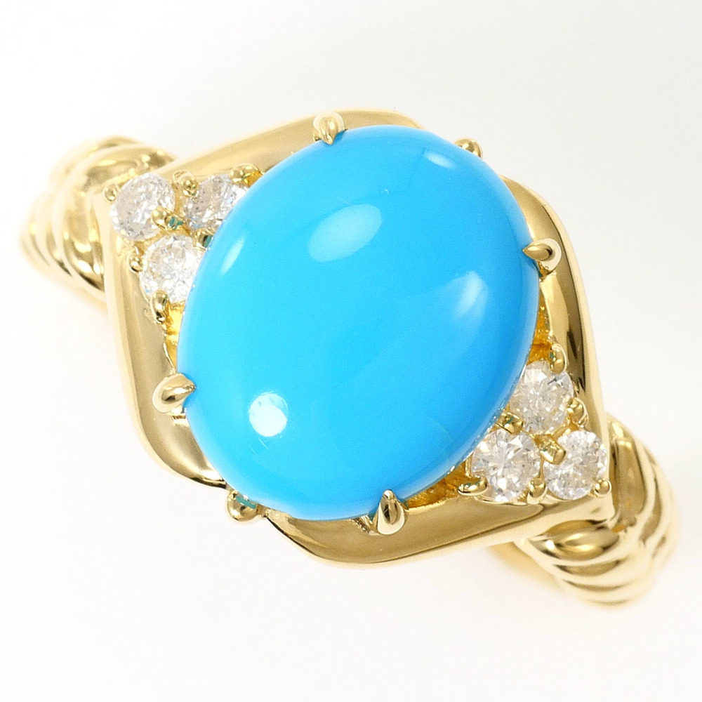 18K (18-karat) Yellow Gold Ring, 1 Turquoise and Diamond (0.19ct), Card Inclu...